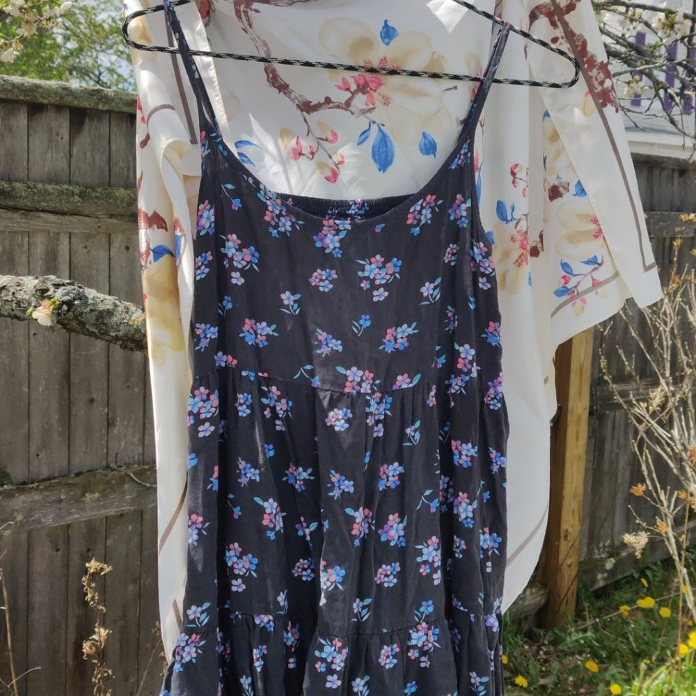 American Eagle Floral Frill Tank Medium Navy Blue
